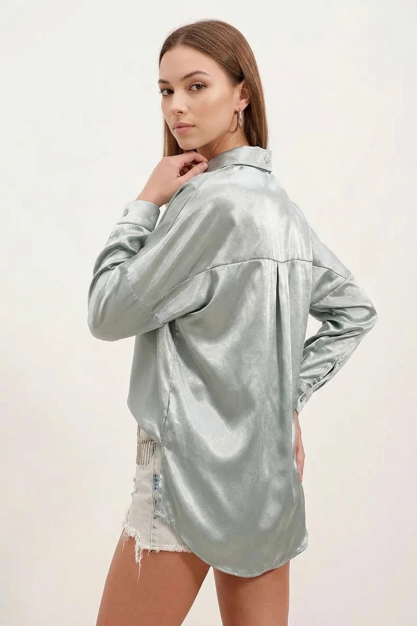 Kadın Oversize Kesim Saten Çağla Yeşili Gömlek