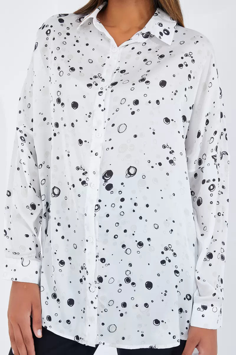 Kadın Oversize Desenli Saten Siyah Beyaz Gömlek