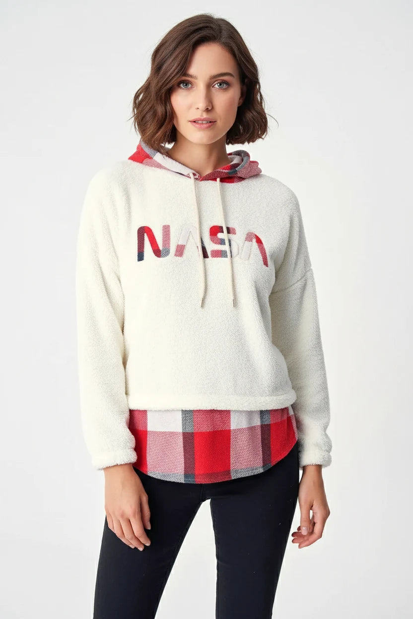 Kadın Kapüşonlu Ekose Desenli Beyaz Sweatshirt