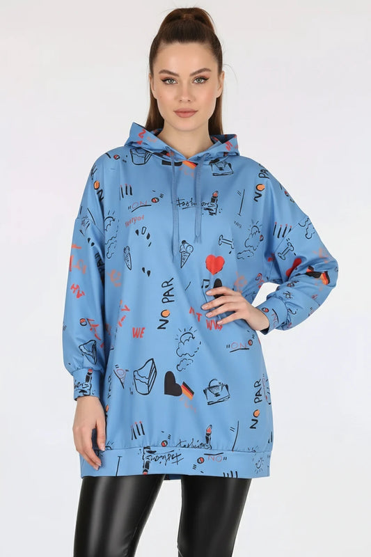 Kadın Sıfır Yaka Oversize Kapüşonlu Grafik Desenli Pamuklu İndigo Sweatshirt