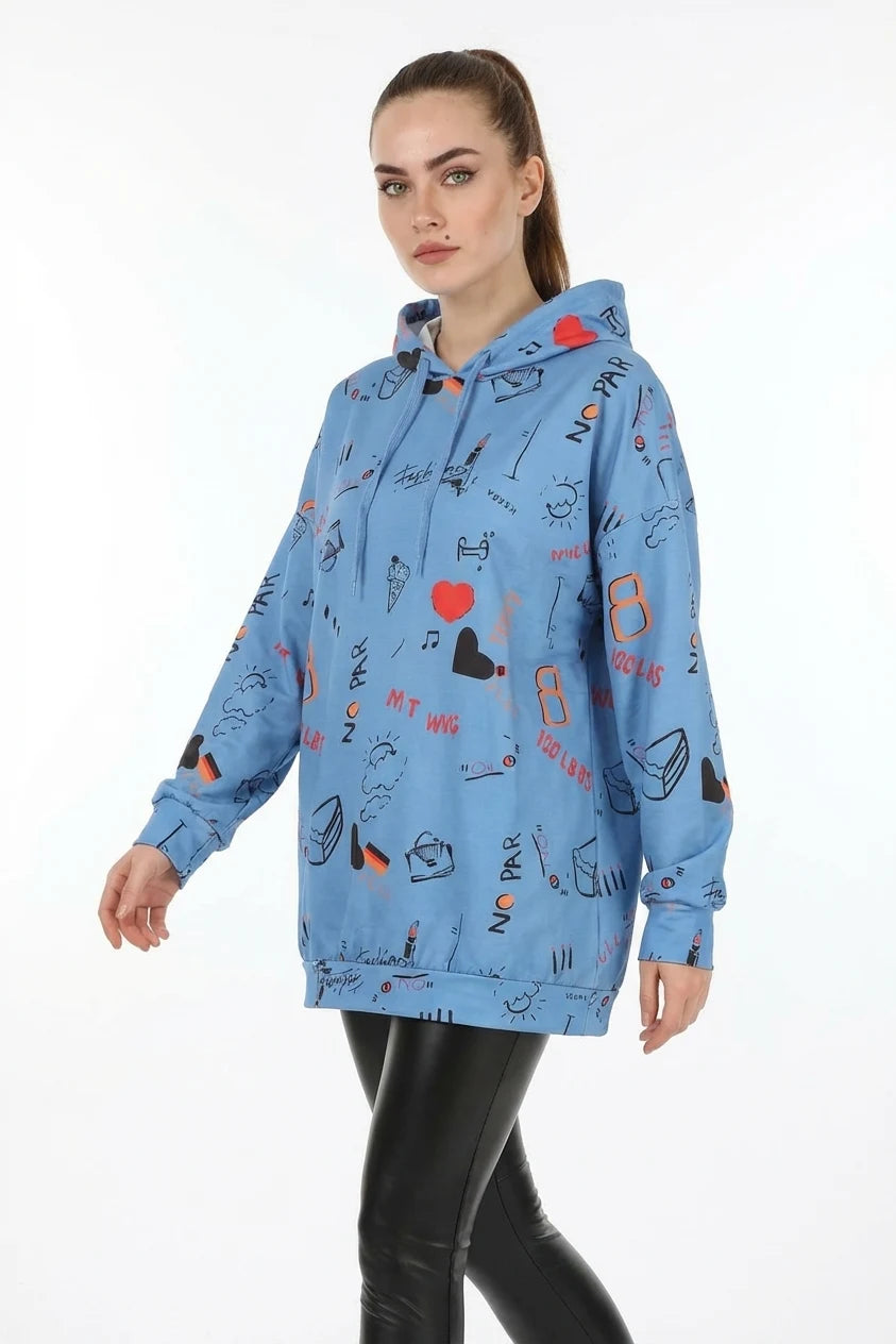 Kadın Sıfır Yaka Oversize Kapüşonlu Grafik Desenli Pamuklu İndigo Sweatshirt