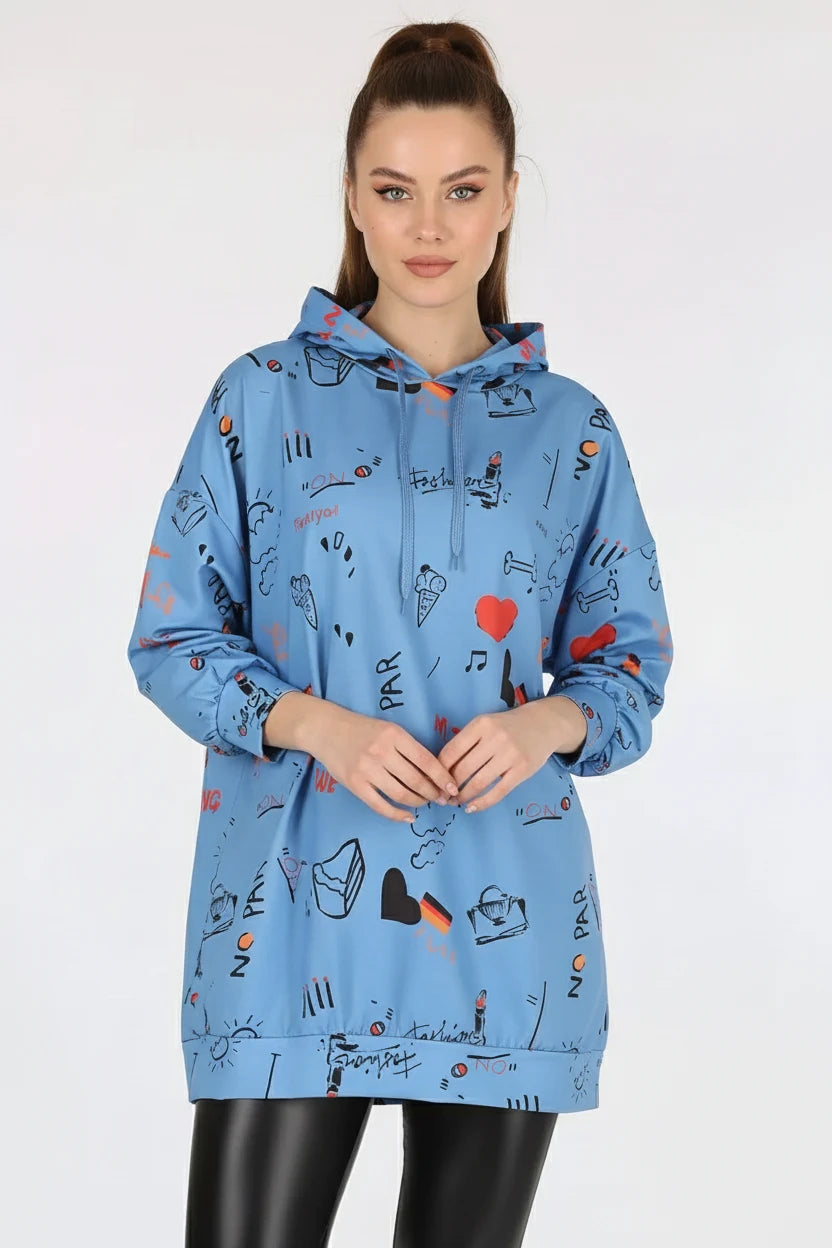 Kadın Sıfır Yaka Oversize Kapüşonlu Grafik Desenli Pamuklu İndigo Sweatshirt