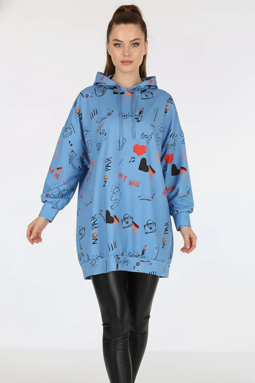 Kadın Sıfır Yaka Oversize Kapüşonlu Grafik Desenli Pamuklu İndigo Sweatshirt