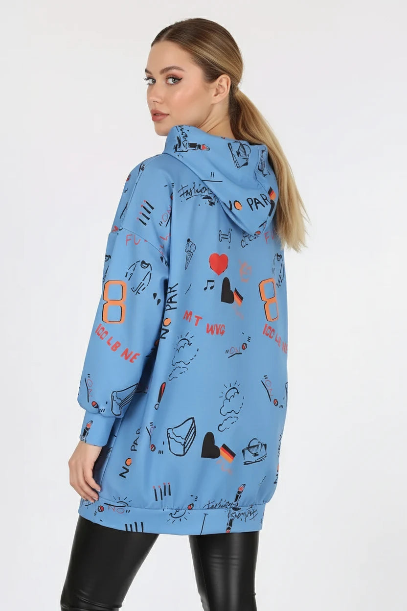 Kadın Sıfır Yaka Oversize Kapüşonlu Grafik Desenli Pamuklu İndigo Sweatshirt