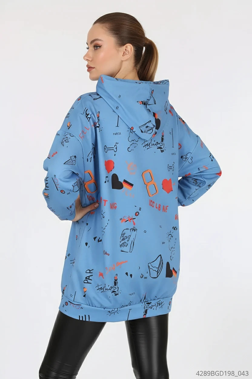 Kadın Sıfır Yaka Oversize Kapüşonlu Grafik Desenli Pamuklu İndigo Sweatshirt