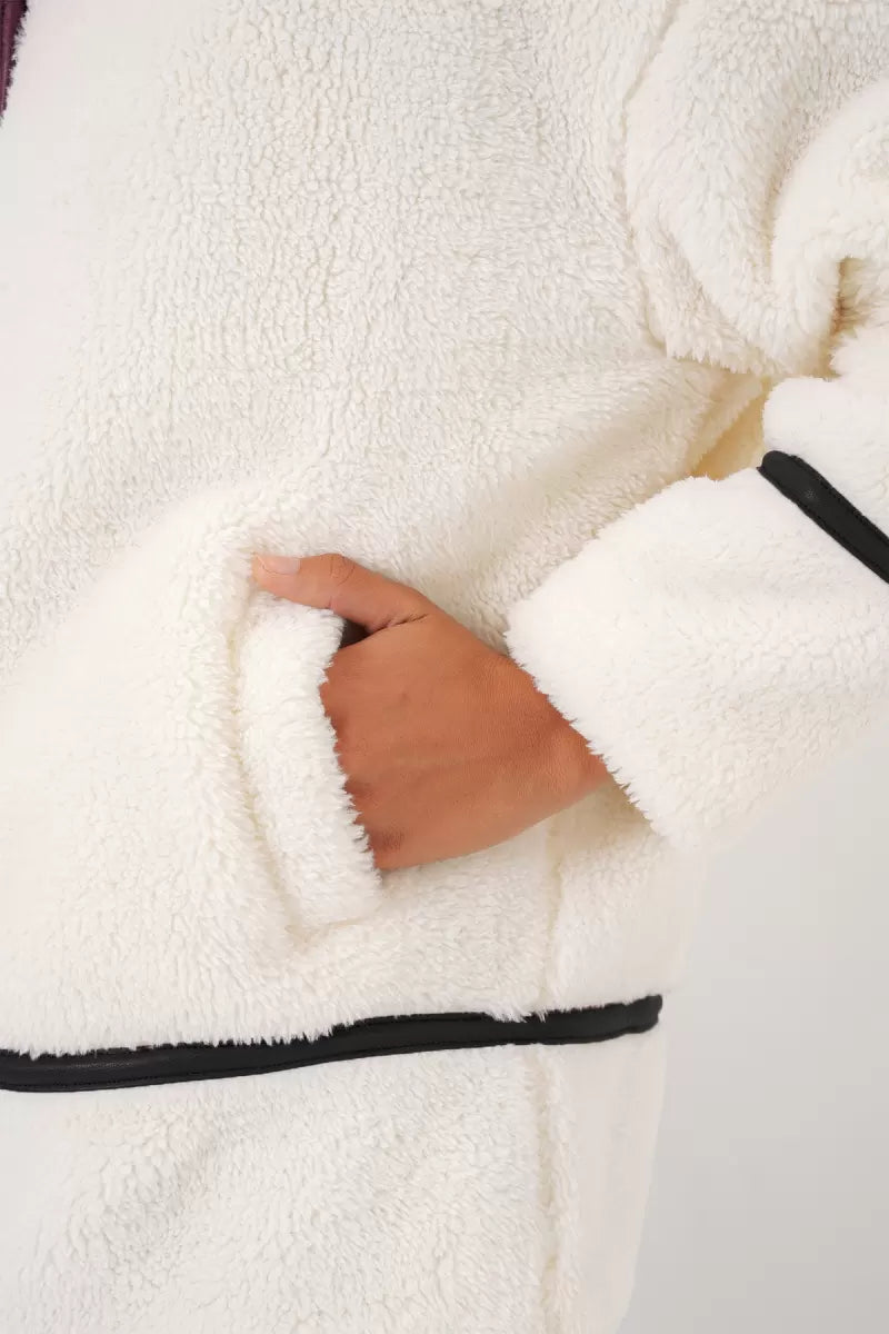 Kadın Geniş Yaka Astarlı Peluş Ekru Ceket