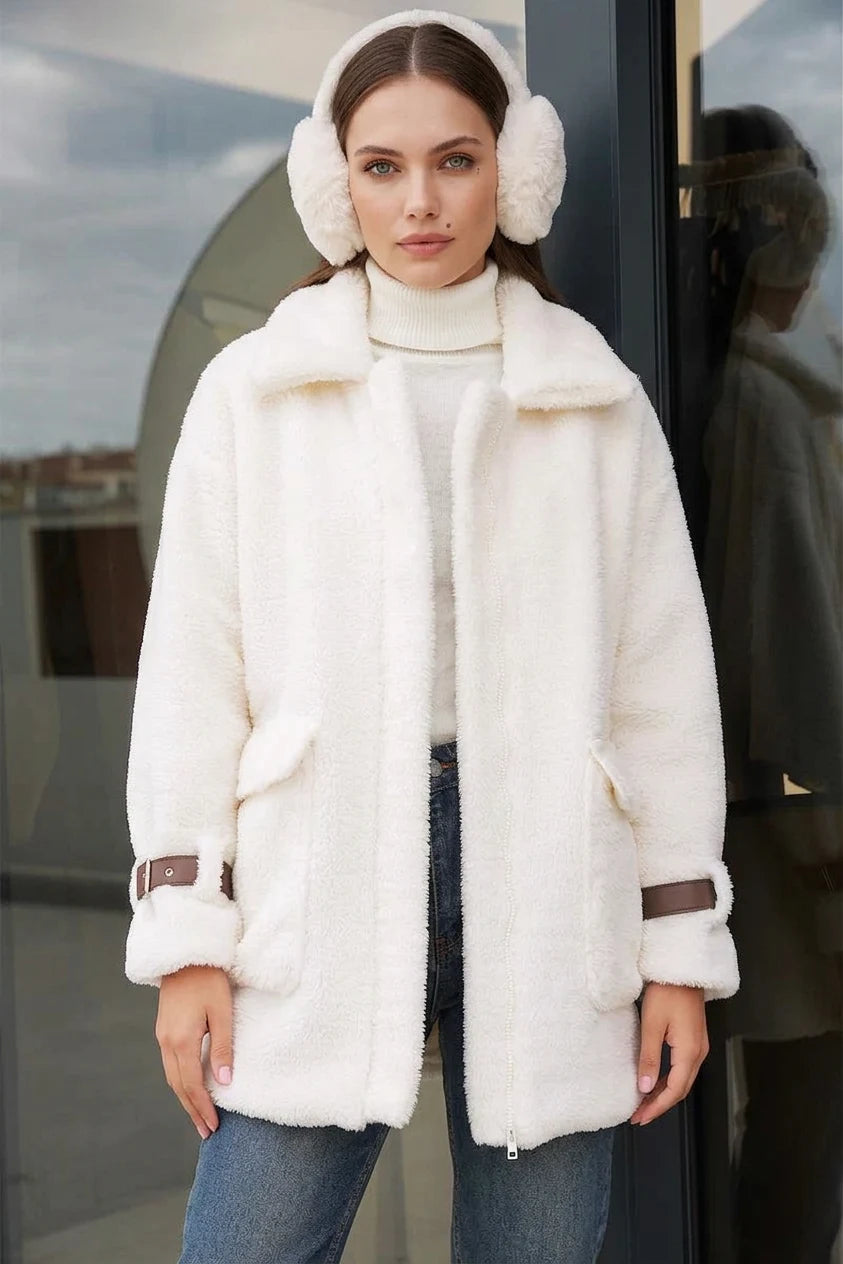 Kadın Geniş Yaka Oversize Peluş Taba Mont