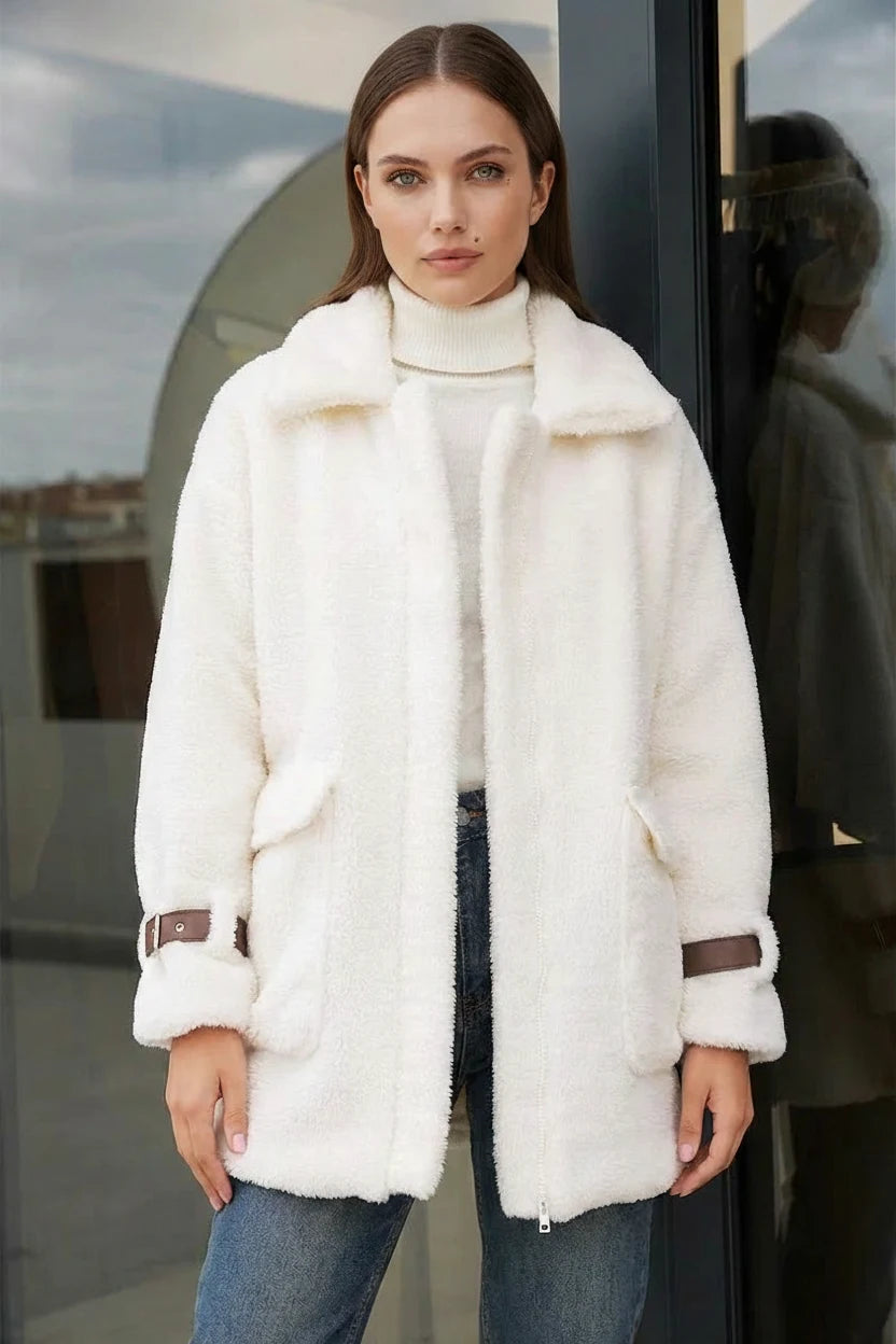 Kadın Geniş Yaka Oversize Peluş Taba Mont