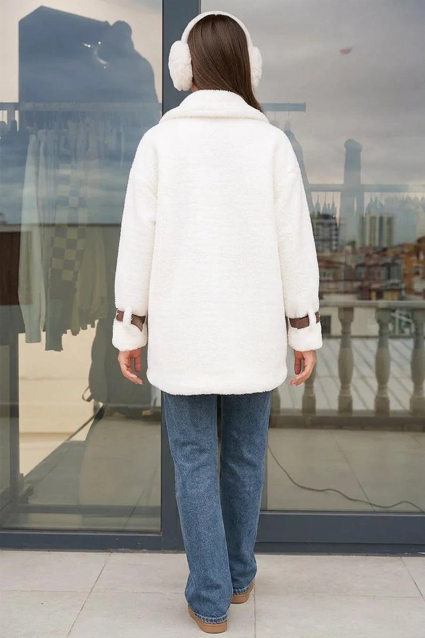 Kadın Geniş Yaka Oversize Peluş Taba Mont