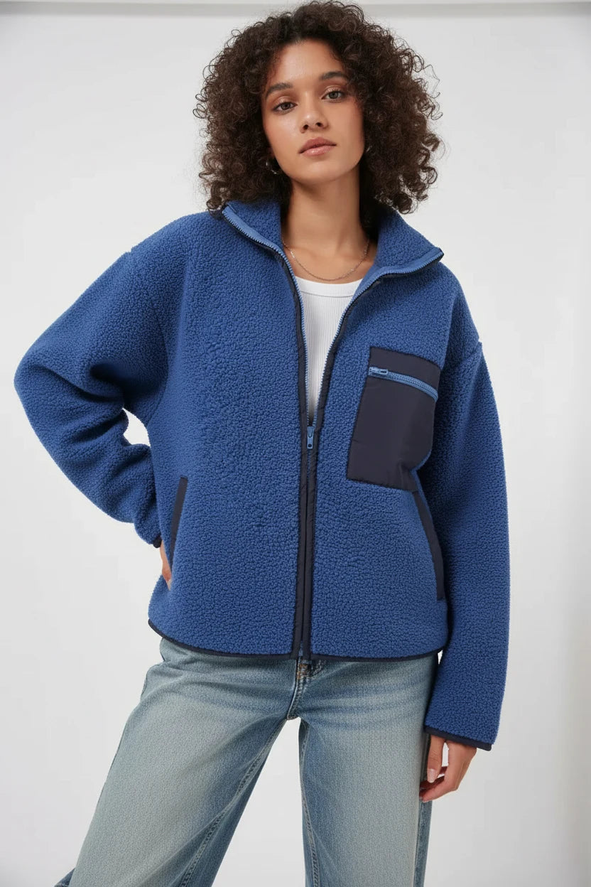 Kadın Dik Yaka Oversize Fermuarlı Cep Saks Ceket