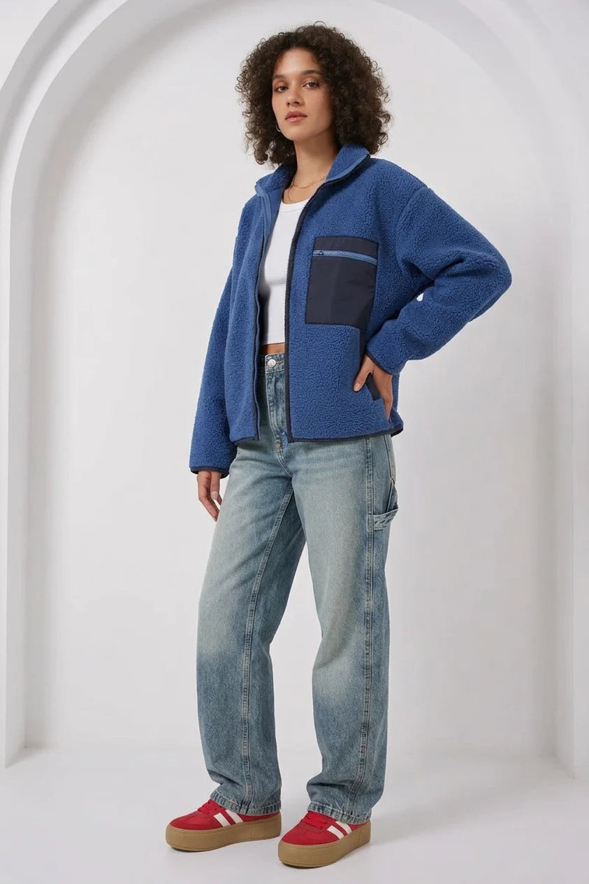 Kadın Dik Yaka Oversize Fermuarlı Cep Saks Ceket