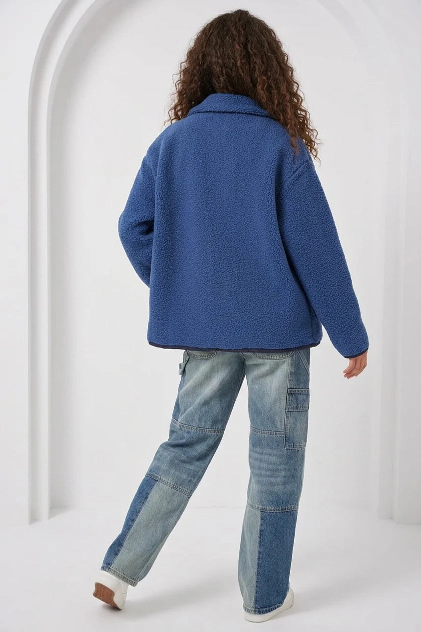 Kadın Dik Yaka Oversize Fermuarlı Cep Saks Ceket