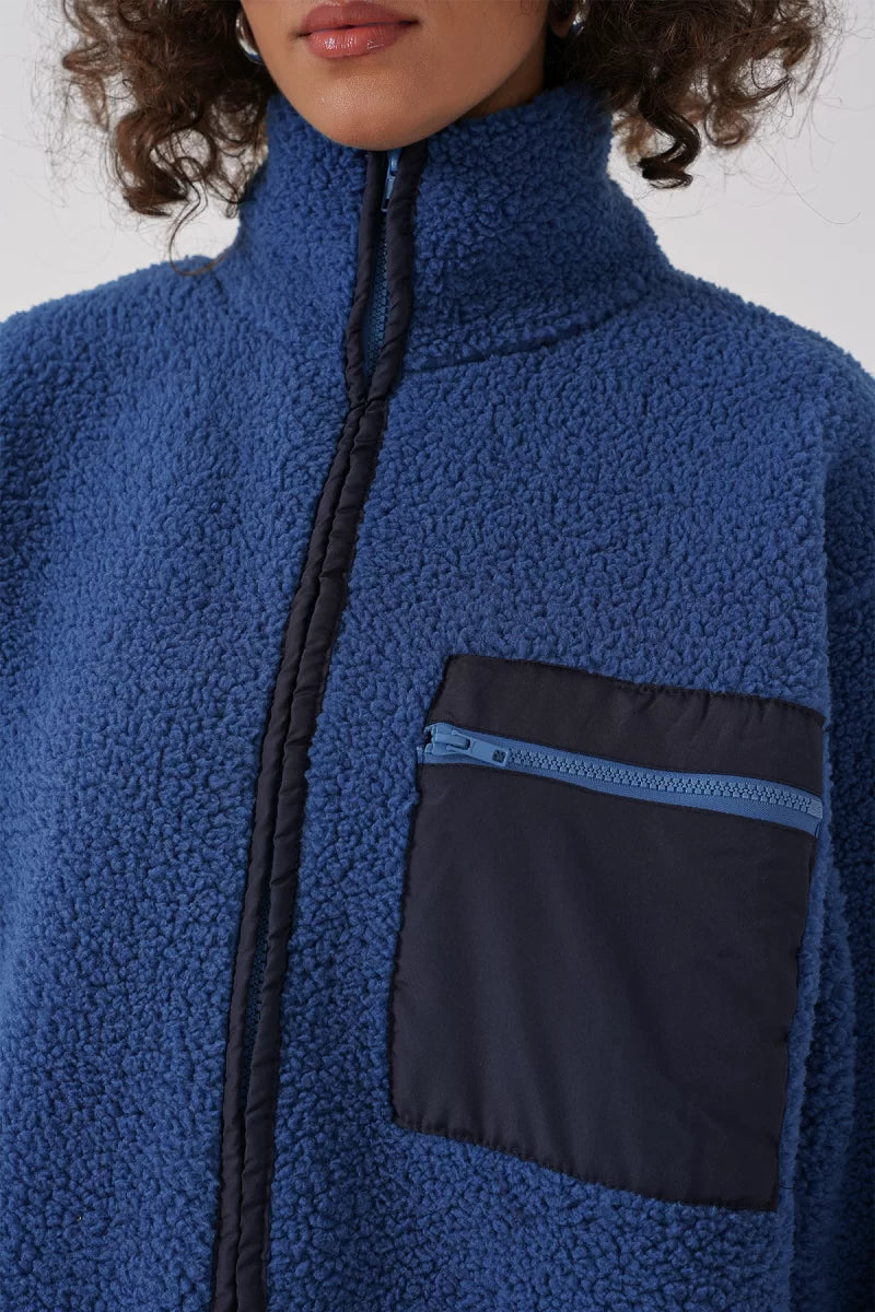 Kadın Dik Yaka Oversize Fermuarlı Cep Saks Ceket