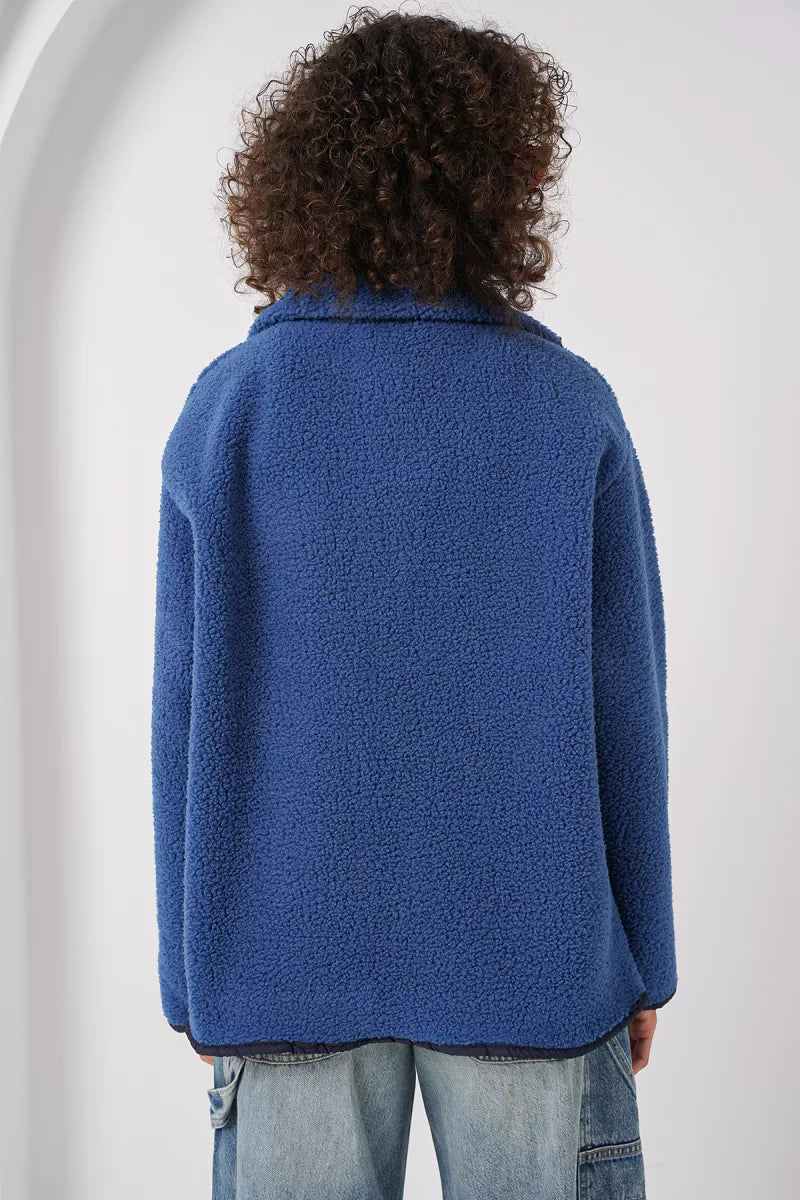 Kadın Dik Yaka Oversize Fermuarlı Cep Saks Ceket