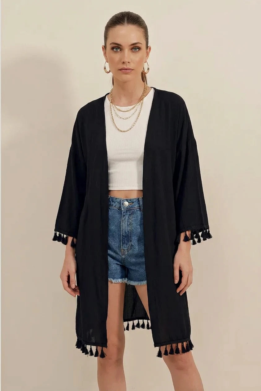 Kadın Fırfırlı Püsküllü Kol Detayı Etek Siyah Kimono