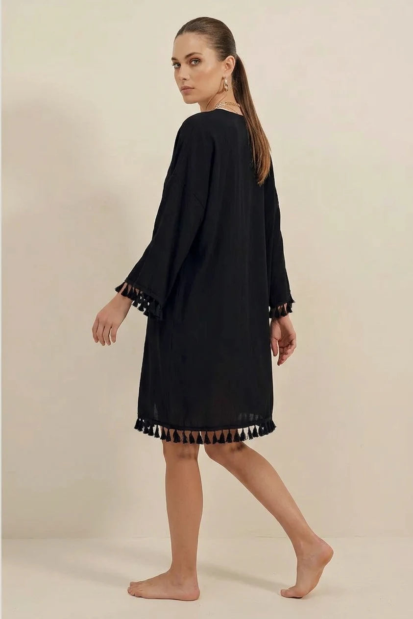 Kadın Fırfırlı Püsküllü Kol Detayı Etek Siyah Kimono