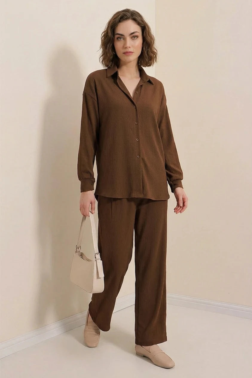 Kadın Gömlek Yaka Düğmeli Oversize Kahverengi İkili Takım