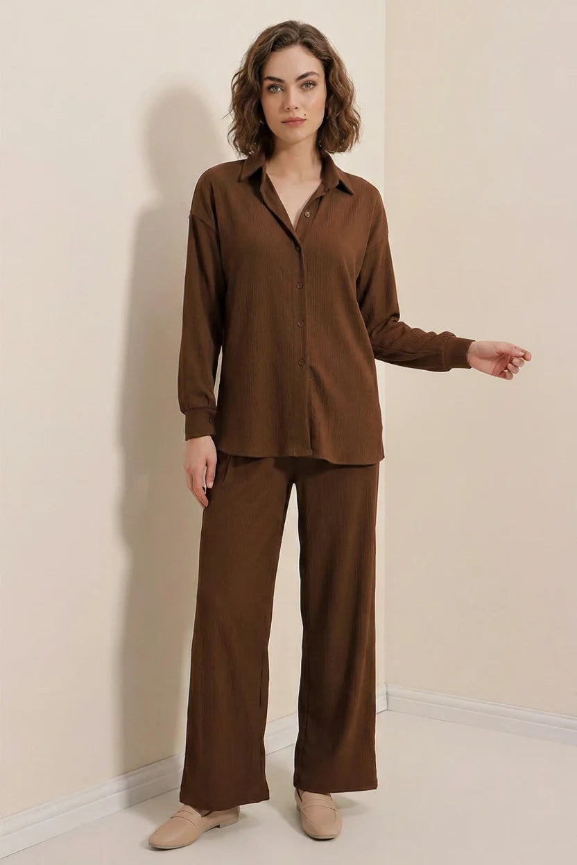 Kadın Gömlek Yaka Düğmeli Oversize Kahverengi İkili Takım