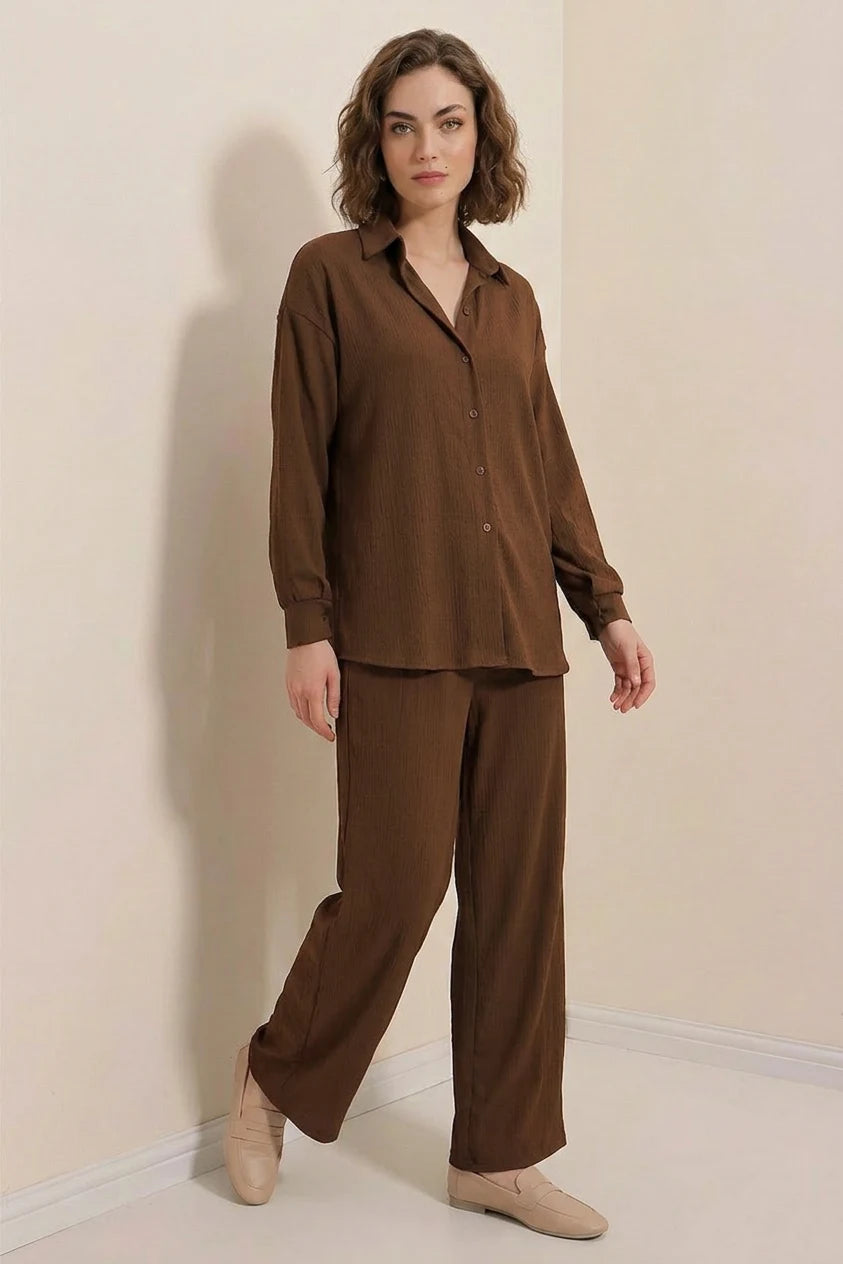 Kadın Gömlek Yaka Düğmeli Oversize Kahverengi İkili Takım