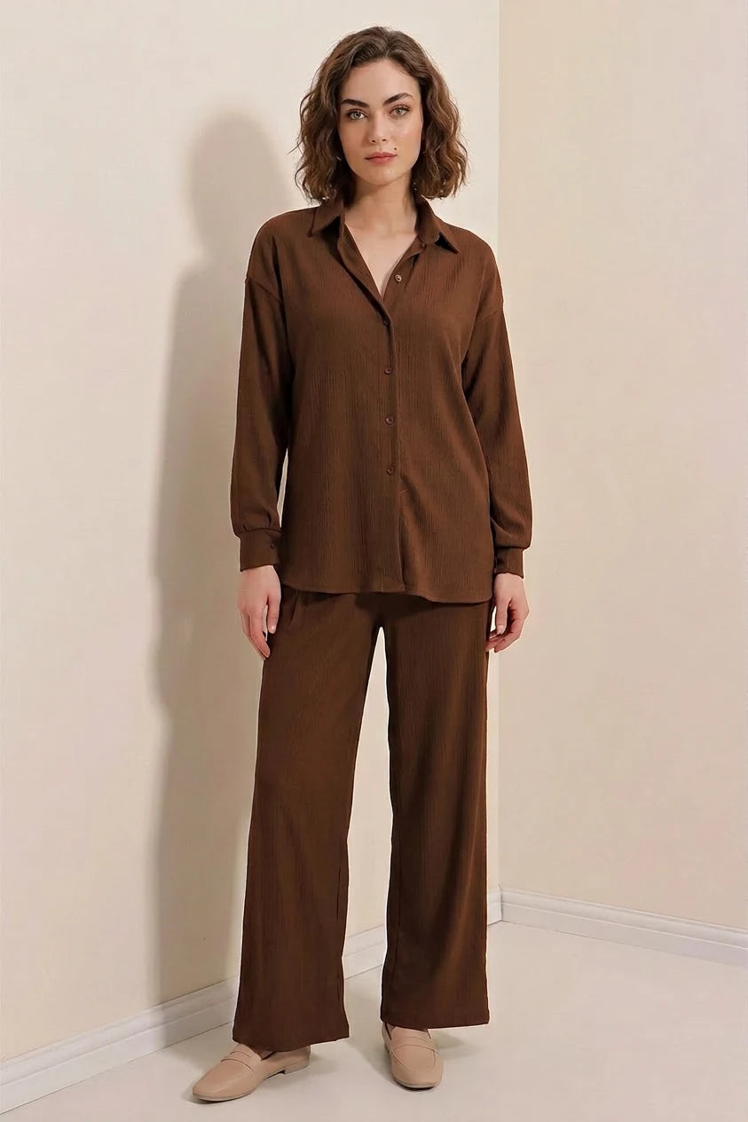 Kadın Gömlek Yaka Düğmeli Oversize Kahverengi İkili Takım