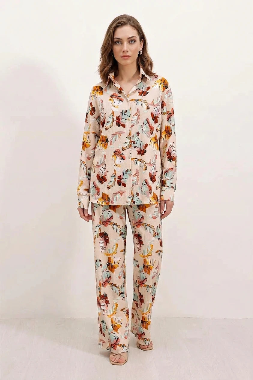 Kadın Gömlek Yaka Oversize Çiçek Desenli Krem İkili Takım