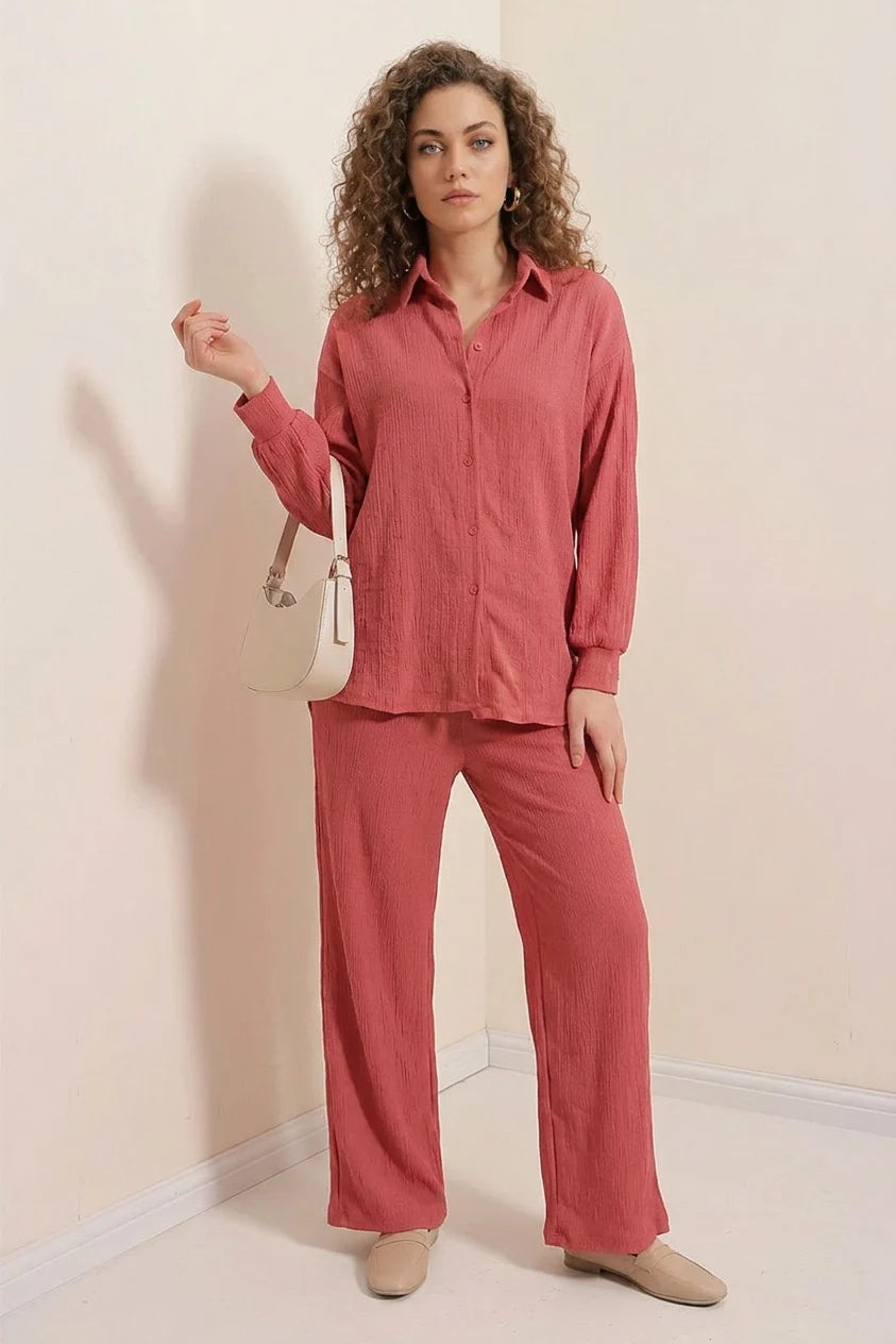 Kadın Gömlek Yaka Oversize Gül Kurusu İkili Takım