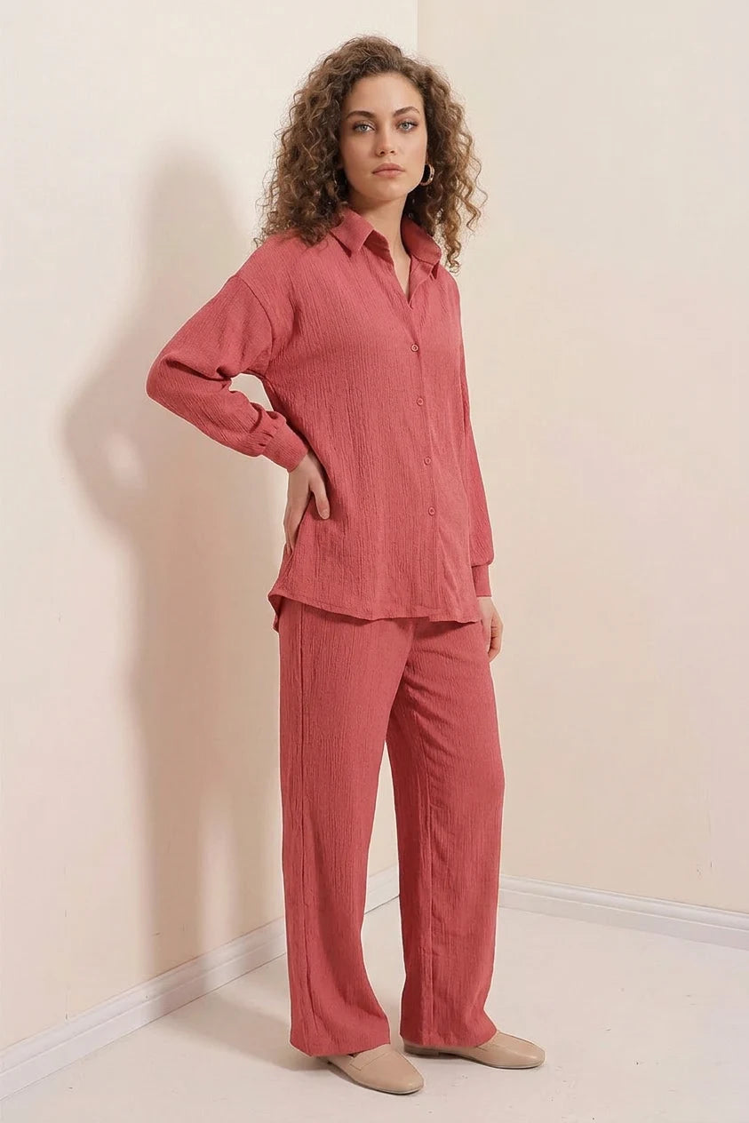 Kadın Gömlek Yaka Oversize Gül Kurusu İkili Takım