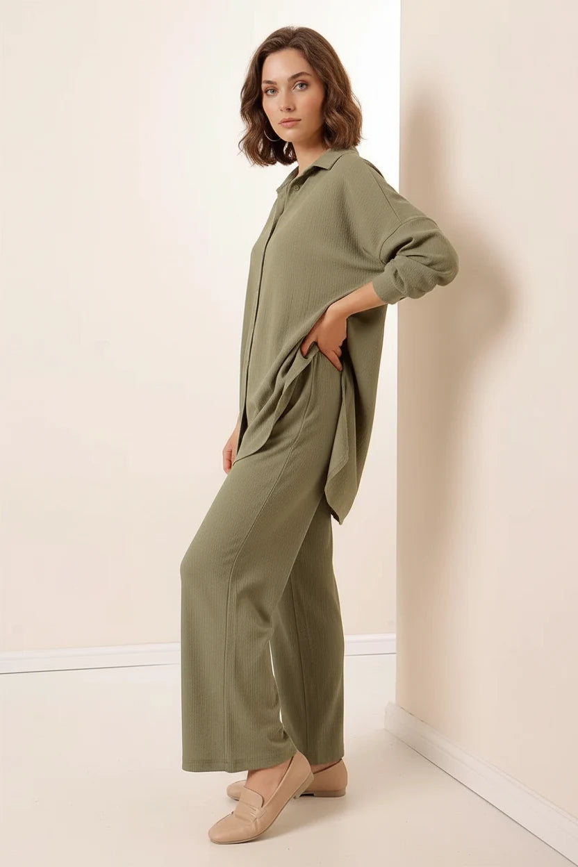 Kadın Gömlek Yaka Oversize Çağla Yeşili İkili Takım