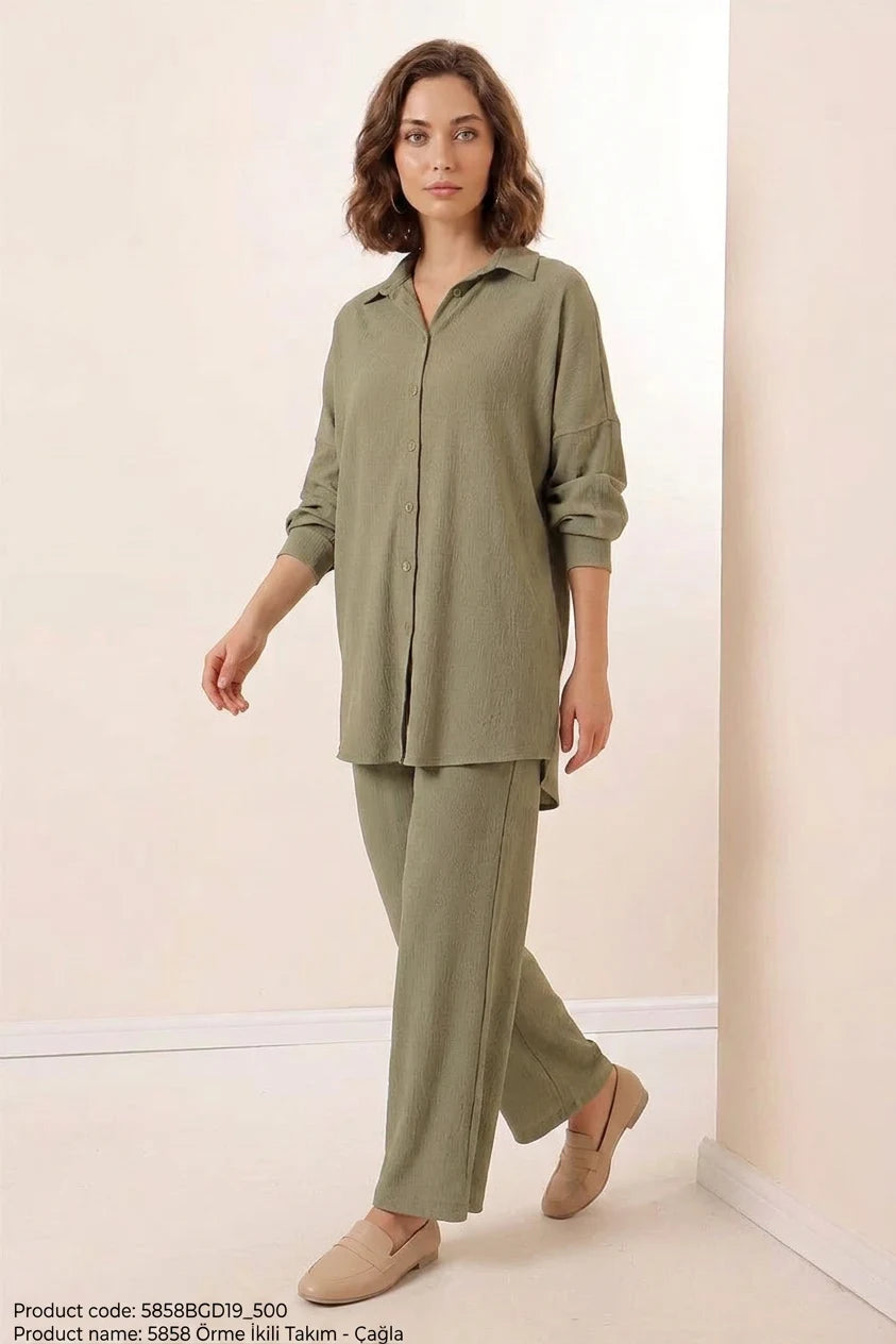 Kadın Gömlek Yaka Oversize Çağla Yeşili İkili Takım