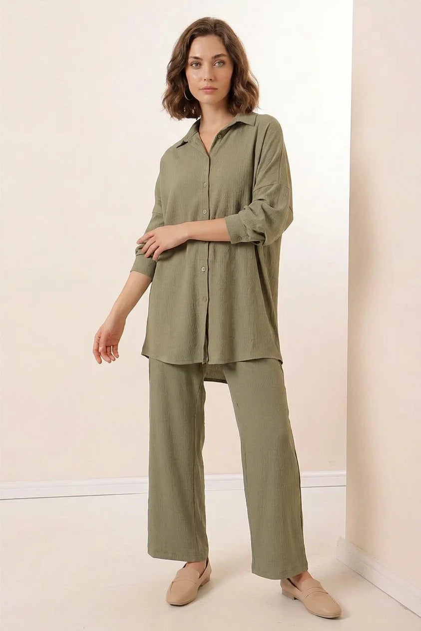 Kadın Gömlek Yaka Oversize Çağla Yeşili İkili Takım