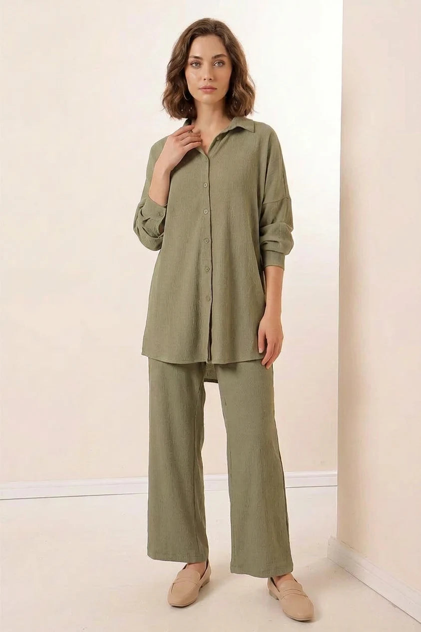 Kadın Gömlek Yaka Oversize Çağla Yeşili İkili Takım