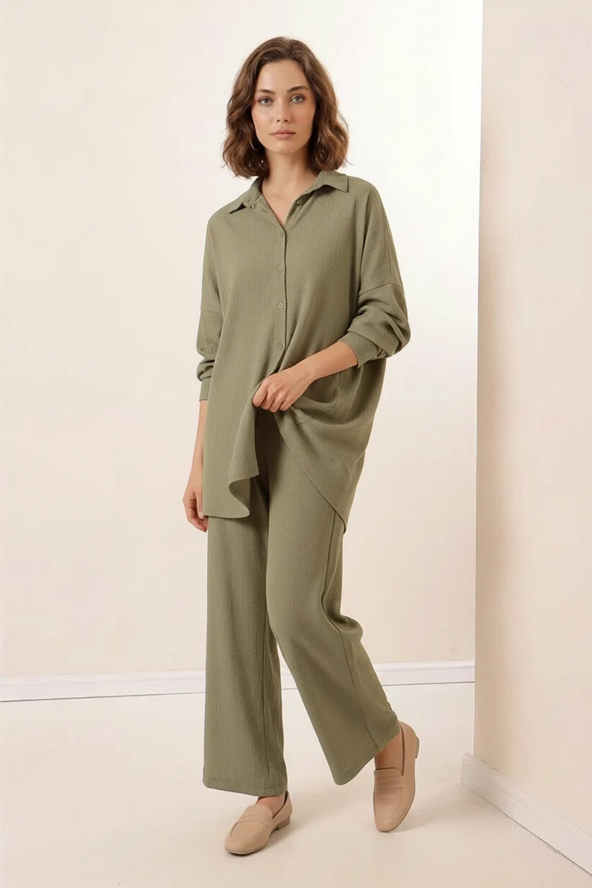 Kadın Gömlek Yaka Oversize Çağla Yeşili İkili Takım