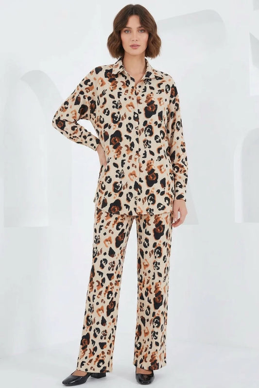 Kadın Gömlek Yaka Oversize Leopar Desenli Krem İkili Takım