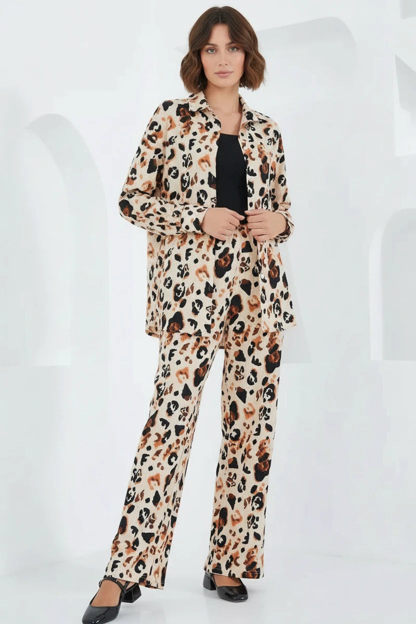 Kadın Gömlek Yaka Oversize Leopar Desenli Krem İkili Takım