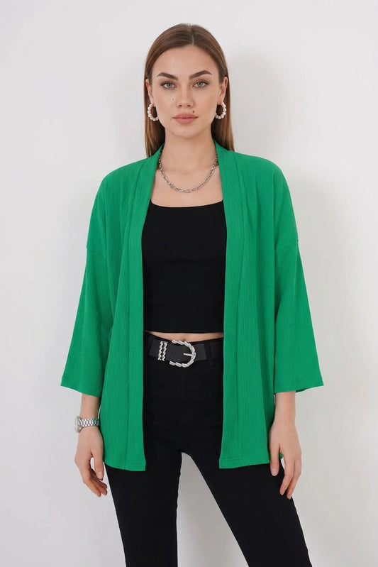 Kadın Yaka Dikey Fitilli Yeşil Kimono