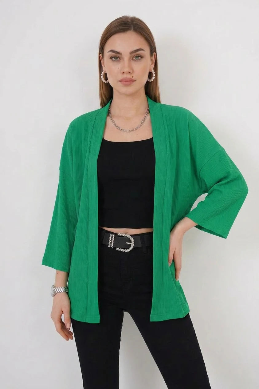 Kadın Yaka Dikey Fitilli Yeşil Kimono