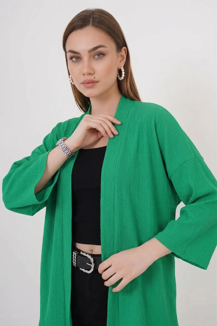 Kadın Yaka Dikey Fitilli Yeşil Kimono