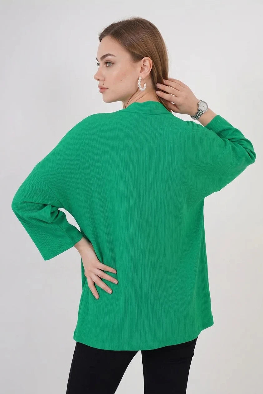 Kadın Yaka Dikey Fitilli Yeşil Kimono