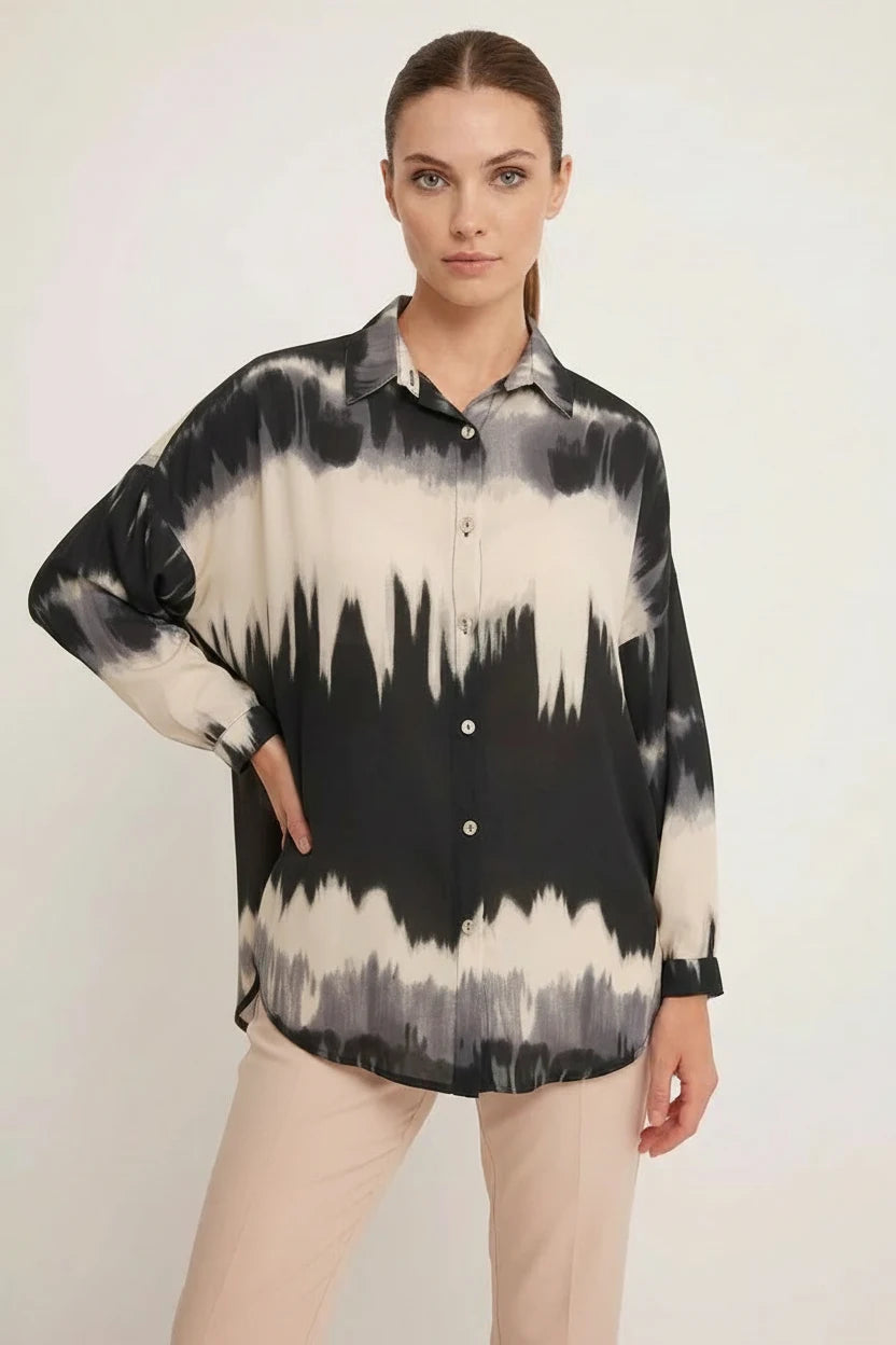 Kadın Oversize Desenli Siyah Gömlek