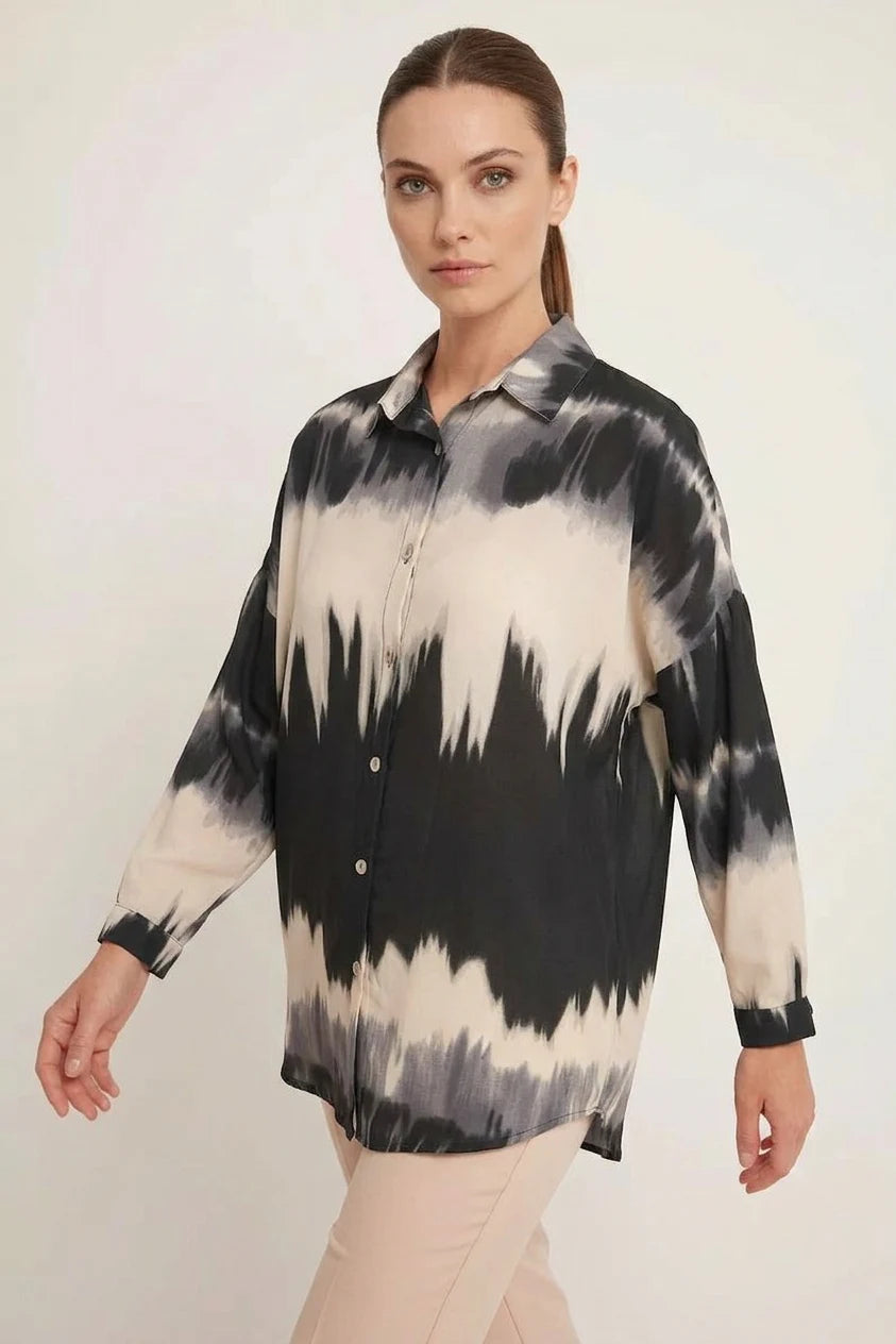 Kadın Oversize Desenli Siyah Gömlek