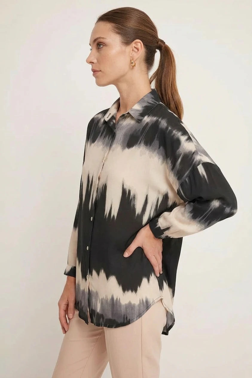 Kadın Oversize Desenli Turuncu Siyah Gömlek