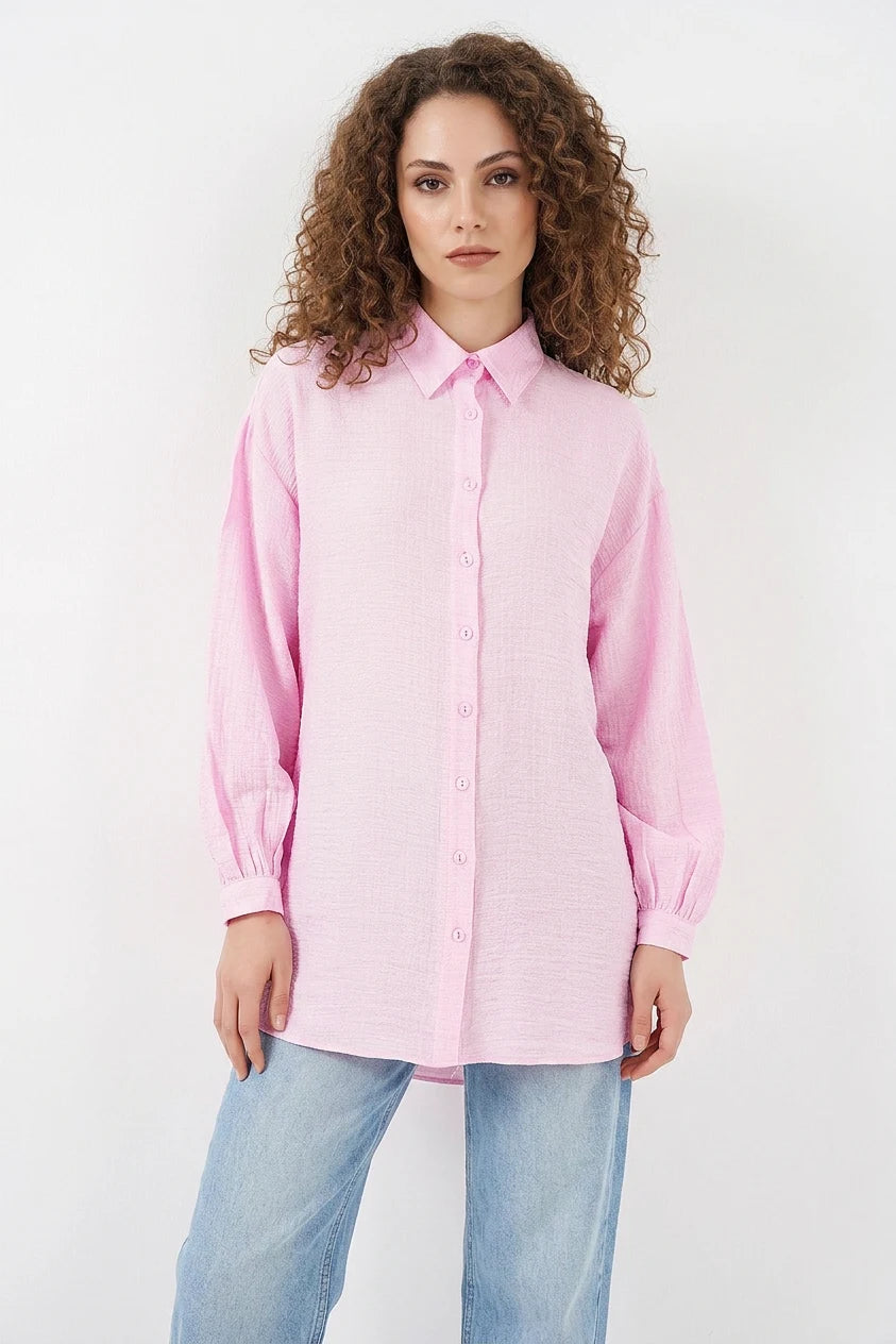 Kadın Gömlek Yaka Dokulu Oversize Viskon Pembe Tunik