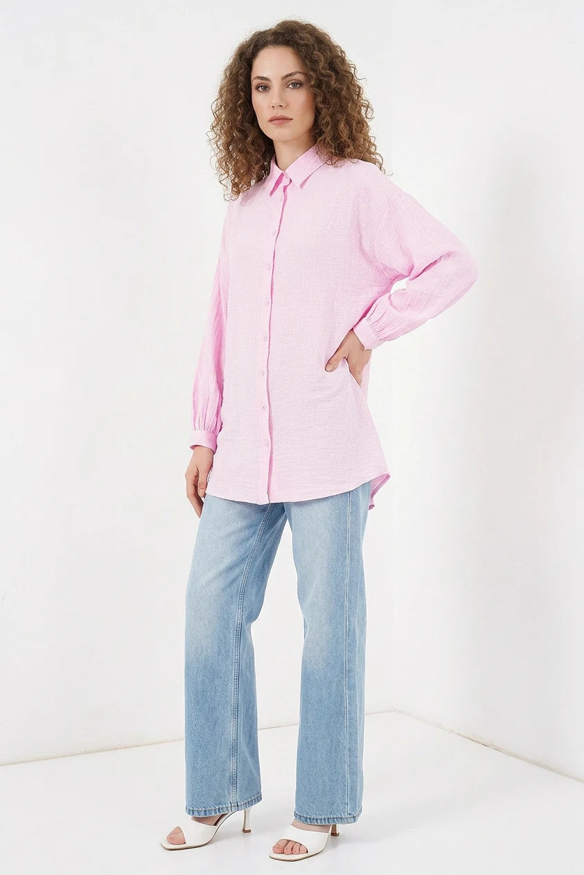 Kadın Gömlek Yaka Dokulu Oversize Viskon Pembe Tunik