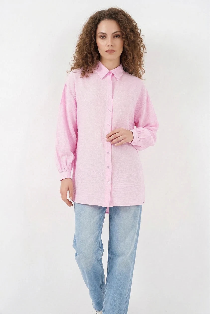 Kadın Gömlek Yaka Dokulu Oversize Viskon Pembe Tunik