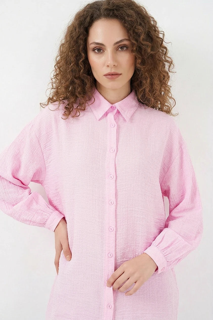 Kadın Gömlek Yaka Dokulu Oversize Viskon Pembe Tunik