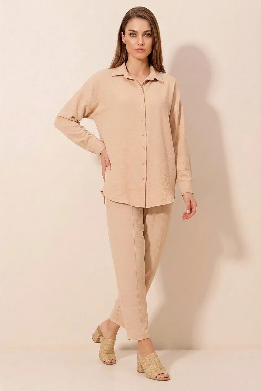 Kadın Gömlek Yaka Oversize Bej İkili Takım