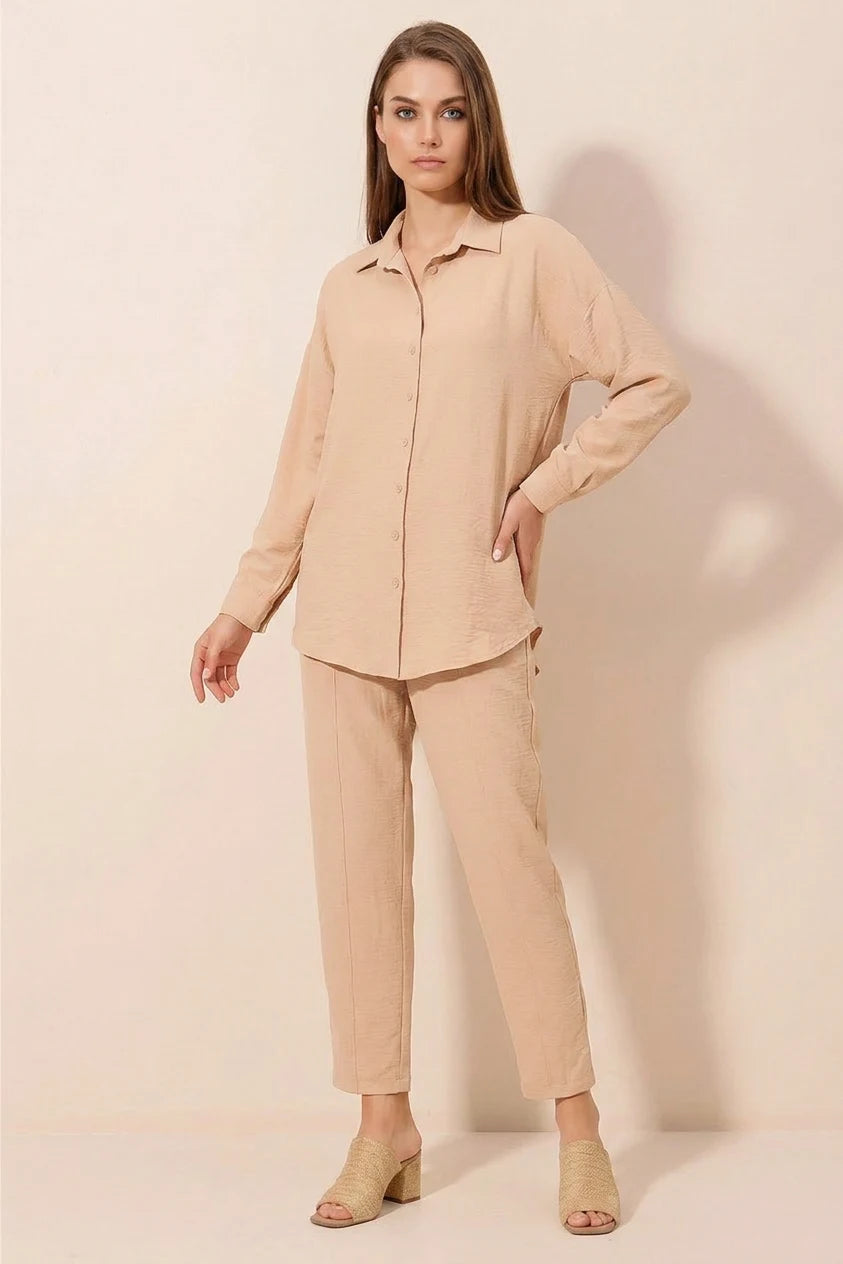 Kadın Gömlek Yaka Oversize Bej İkili Takım