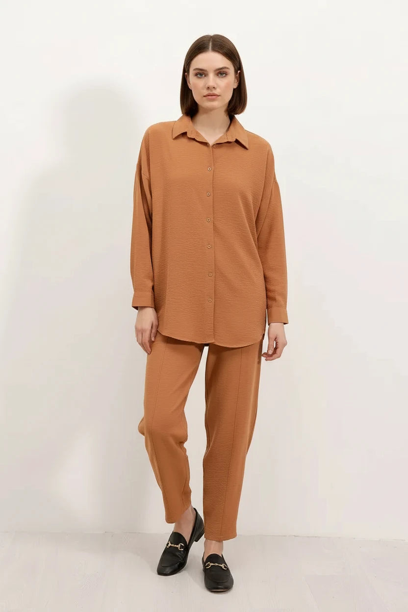 Kadın Gömlek Yaka Oversize Taba İkili Takım