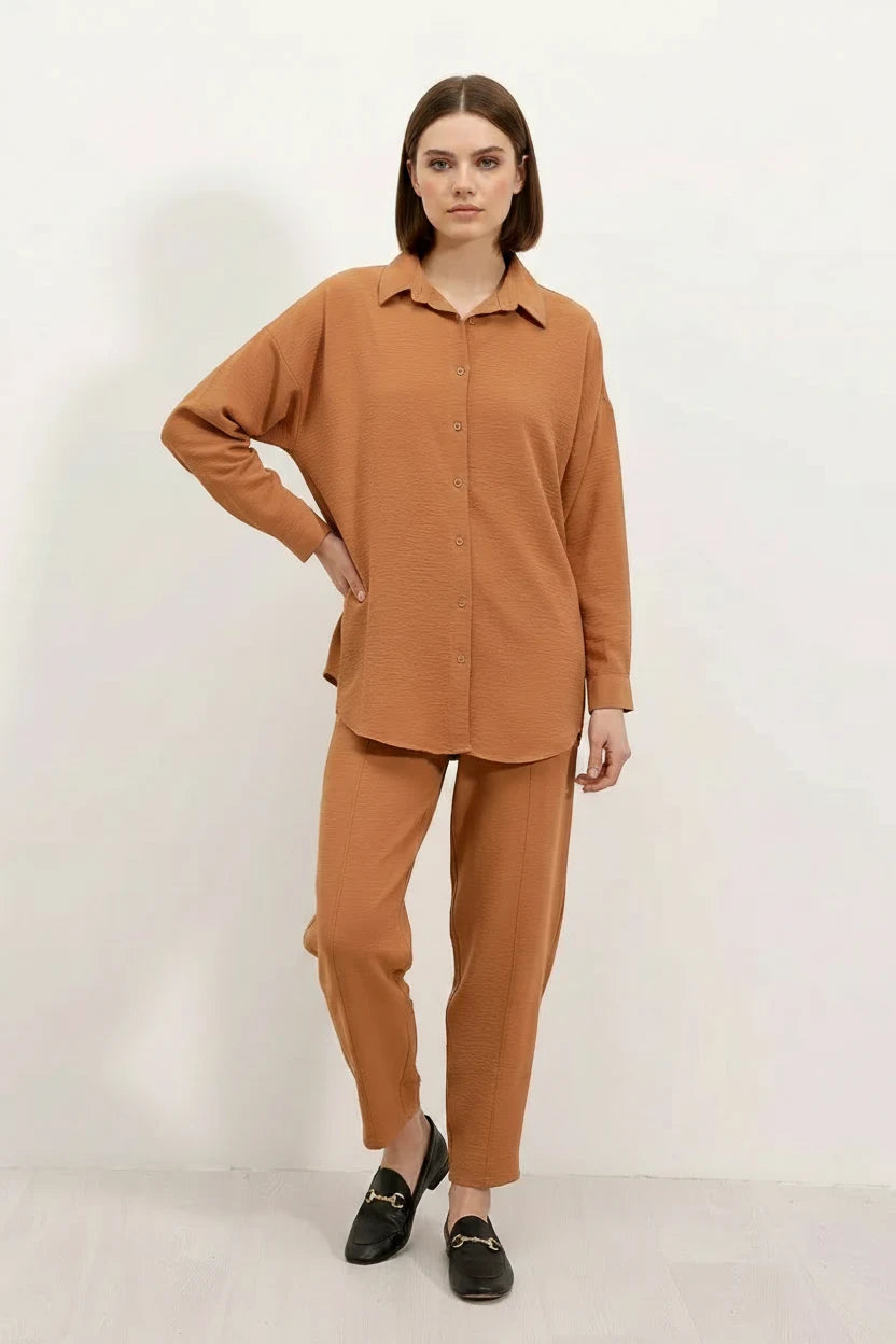 Kadın Gömlek Yaka Oversize Taba İkili Takım