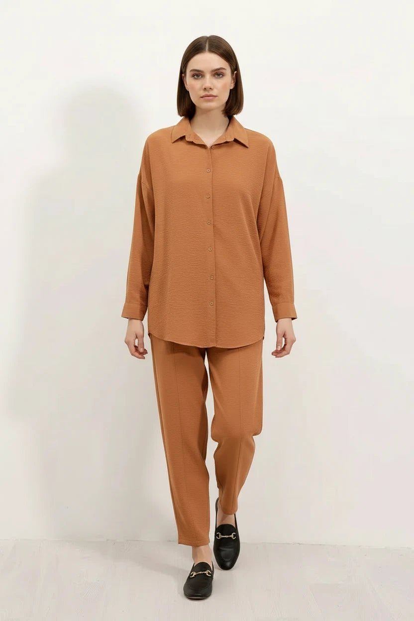 Kadın Gömlek Yaka Oversize Taba İkili Takım